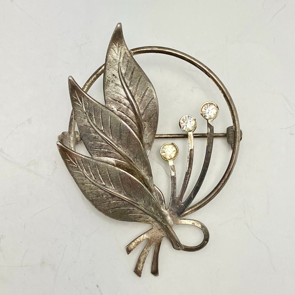 Silver Tone Leaves & Rhinestone Flowers Brooch Unsigned